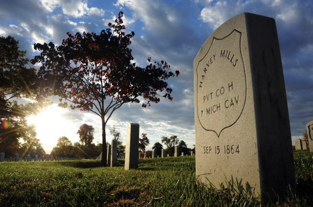 Headstone in the sunset