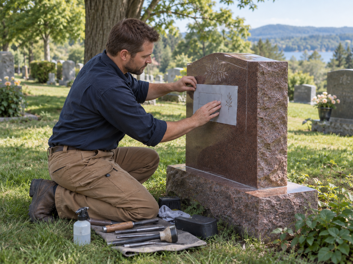 AI-generated illustration of a craftsperson preparing a lettering stencil on a granite headstone